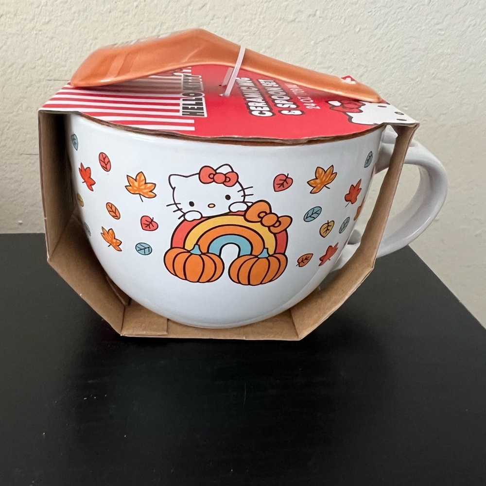Hello Kitty Fall Ceramic Ramen Mug Bowl With Spoon Autumn Halloween 24oz